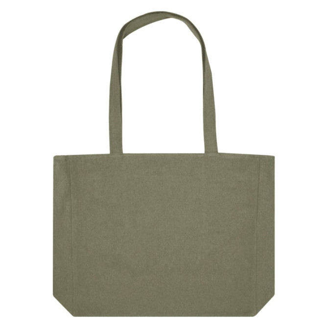 A recycled zip tote bag in olive green with two sturdy handles and a spacious design. Features a logo.