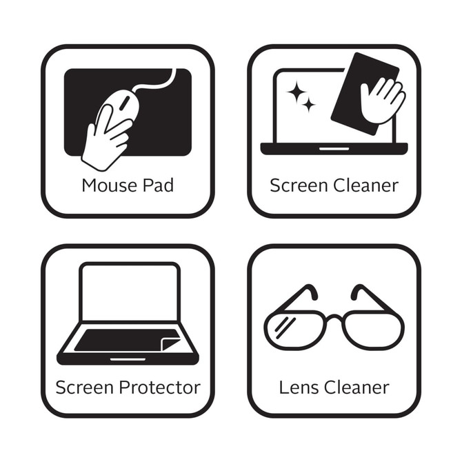 Four icons showcasing a mouse mat, screen cleaner, screen protector, and lens cleaner in black and white design.