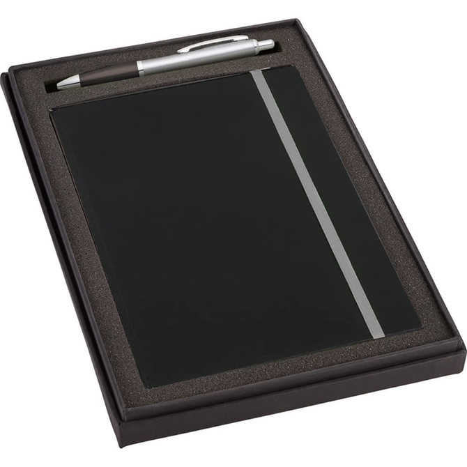A black JB1001 journal and silver Nash pen set, presented in a sleek black gift box with a foam insert.