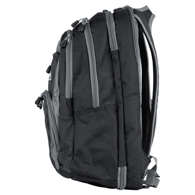 A black and grey backpack with multiple zippered compartments and padded straps, featuring a logo.