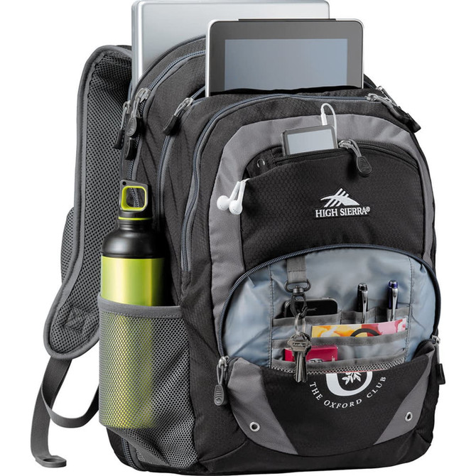 A black and grey backpack featuring multiple compartments, pockets, a drink bottle holder, and a logo.