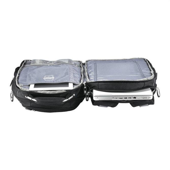 A black computer backpack with multiple compartments, including a padded section for a laptop and various organisational pockets.