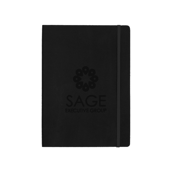 A large black bound journal with an elastic closure, featuring a logo on the cover.