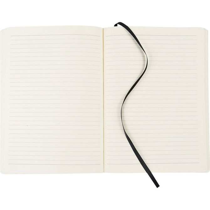 A large bound journal with soft covers, featuring lined pages and a black ribbon marker.