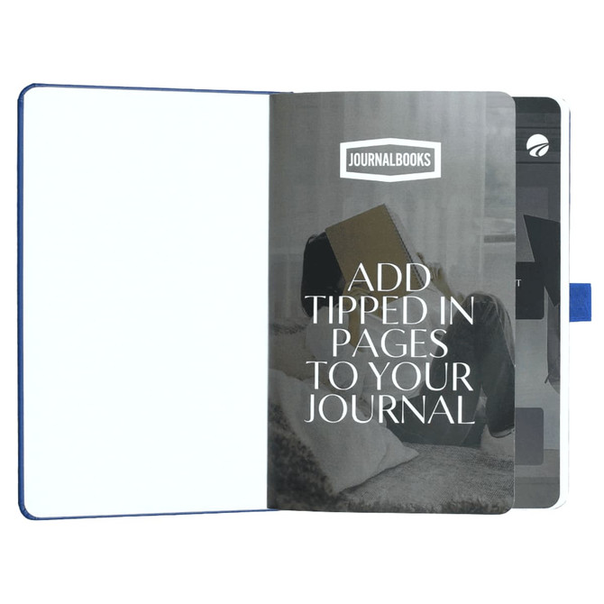 A blue Nova Bound JournalBook with blank pages and a branding logo on the inside cover.