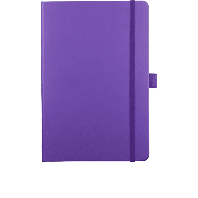 A purple journal notebook featuring a cover with an elastic band and a branding logo.