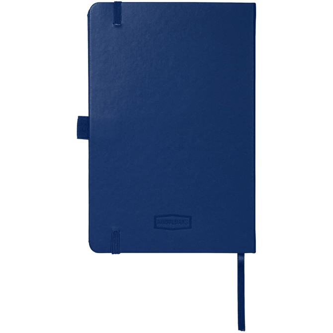 A navy blue journal with a textured cover, featuring a logo and an elastic closure.