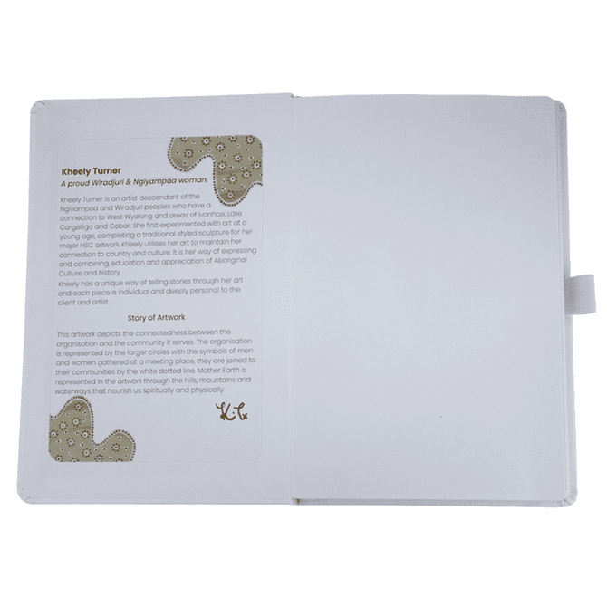 An open journal book featuring a textured white cover, showcasing a page with an artistic design and text.