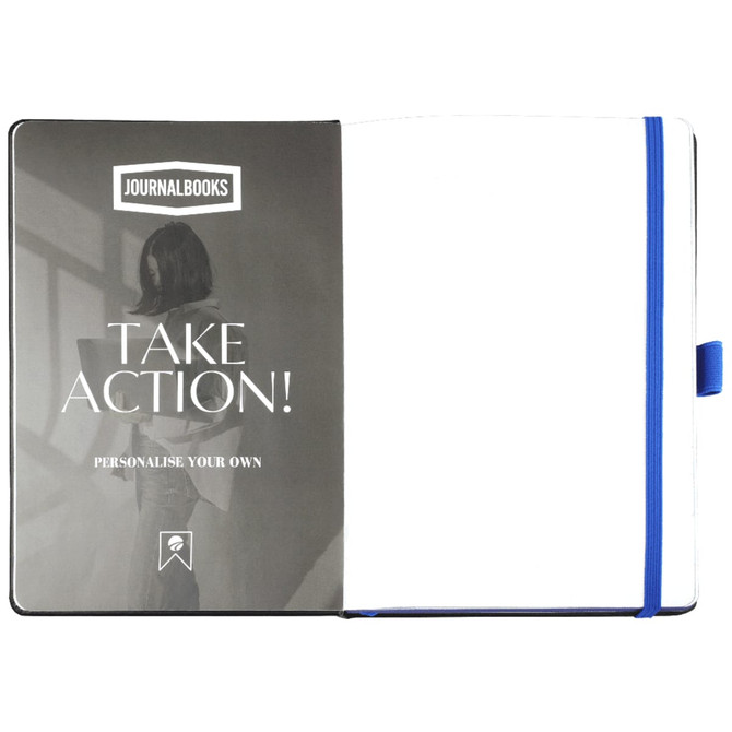 An open notebook with a blue spine and bookmark, featuring a plain interior and a branding logo.
