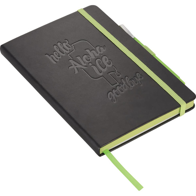 A black bound journal with embossed text, featuring a bright green elastic closure and a contrasting inner page colour.