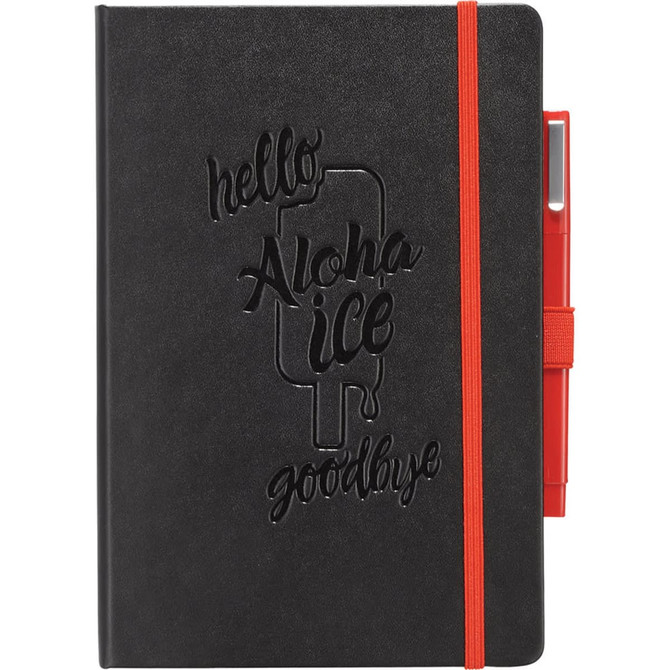 A black bound journal with embossed text and a red elastic closure. It includes a red pen attached to the side.