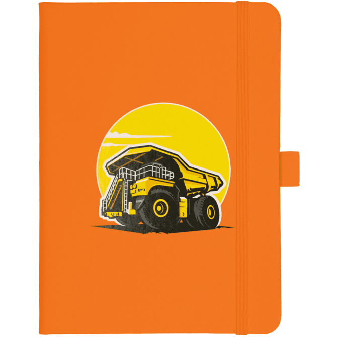 An orange hard-bound journal featuring a graphic of a mining truck against a yellow circular background.