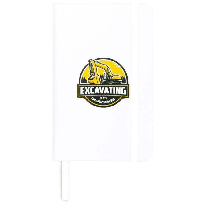 A white notebook featuring a circular logo with a construction machine design and text underneath.