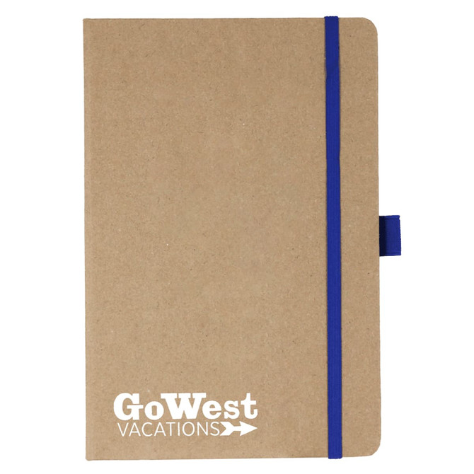 A kraft paper journal with a blue elastic band and a logo. It features a smooth cover and neatly rounded corners.