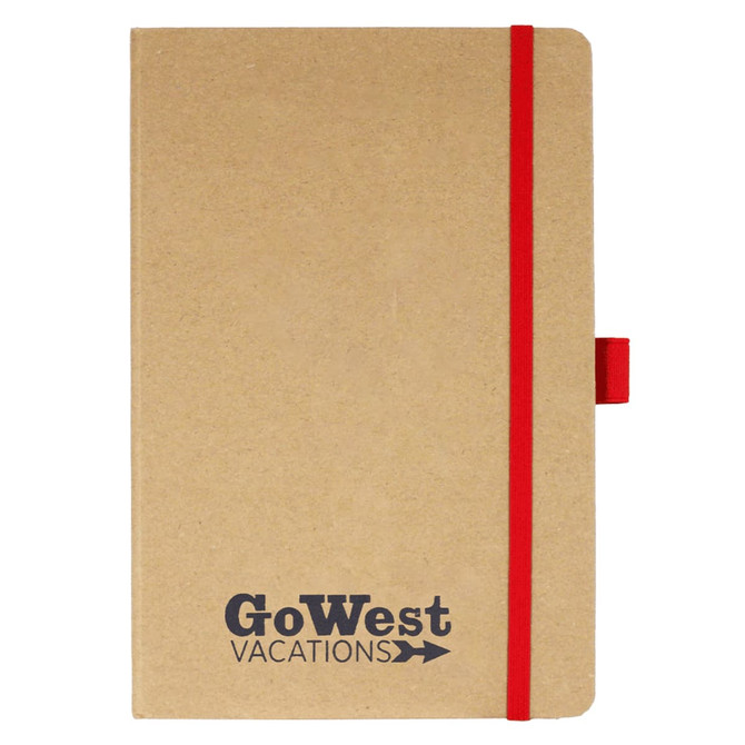 A brown journal with a red elastic band, featuring a logo on the front cover.
