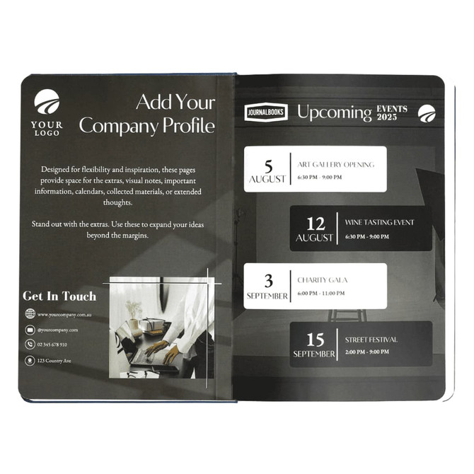 A hard cover notebook with a sleek design, featuring a dark colour scheme and a branding logo on the front.