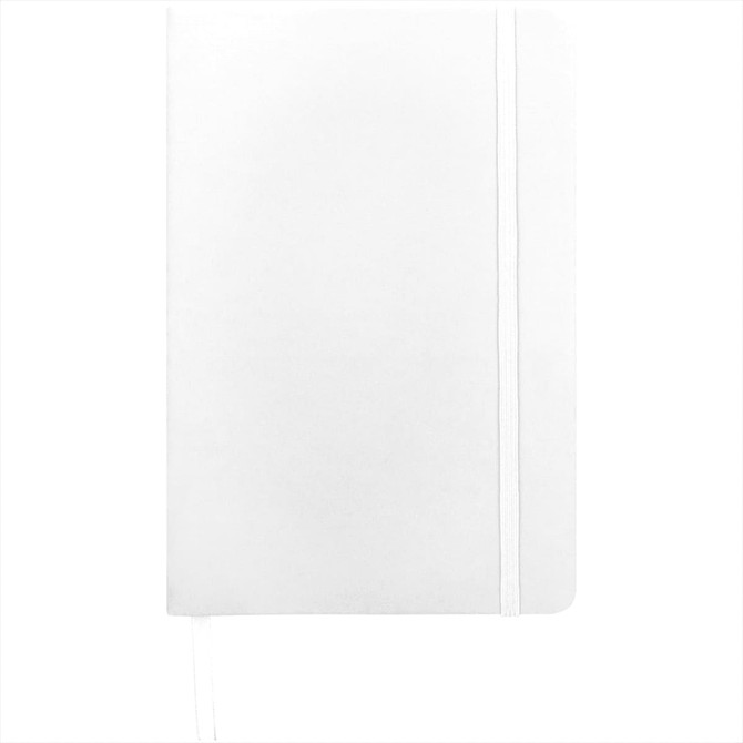 A sleek white Spectrum A5 hard cover notebook featuring a logo and an elastic band closure.