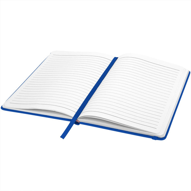 An A5 hard cover notebook with a blue cover and lined pages, featuring a ribbon bookmark and branding.