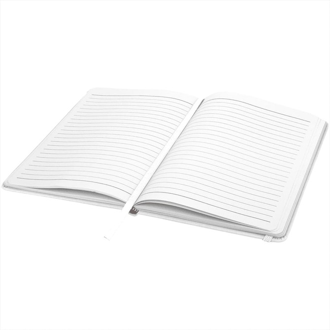 An A5 hard cover notebook with lined pages, featuring a white cover and a bookmark ribbon.