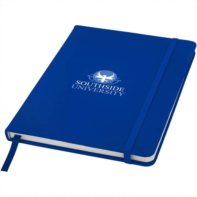 A blue hardcover notebook with an elastic closure, featuring a logo on the front.