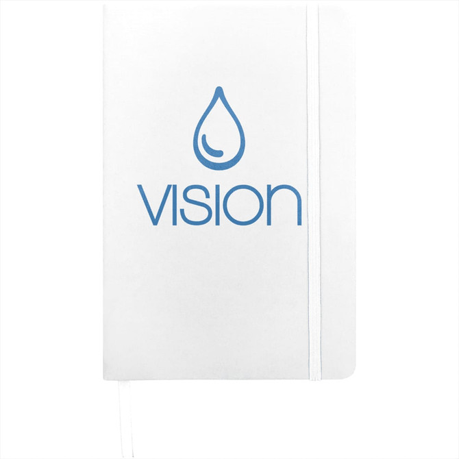 A white A5 hard cover notebook with a blue logo and an elastic band closure.