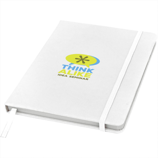 A white A5 hard cover notebook with an elastic band and a logo on the front.