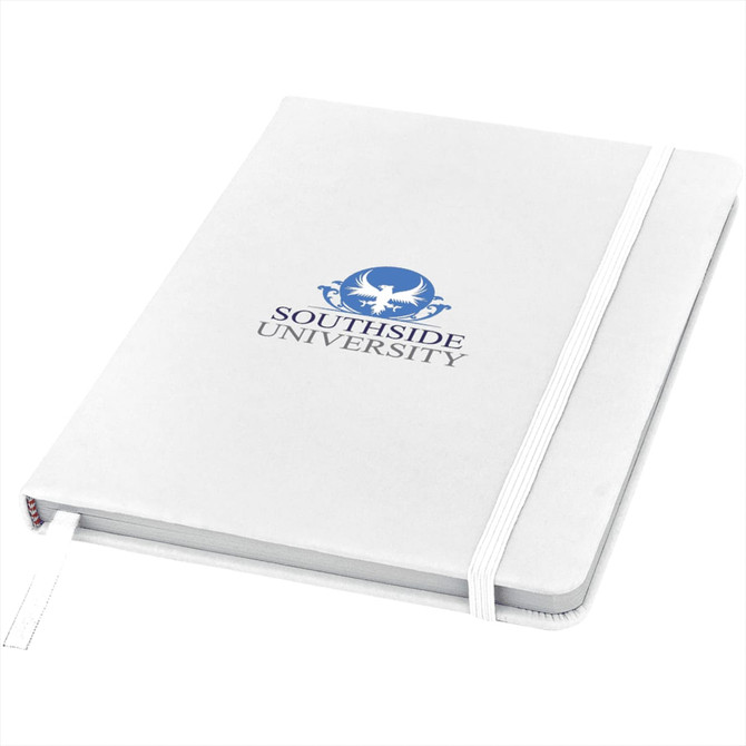 A white A5 hard cover notebook with an elastic closure and a logo on the front.