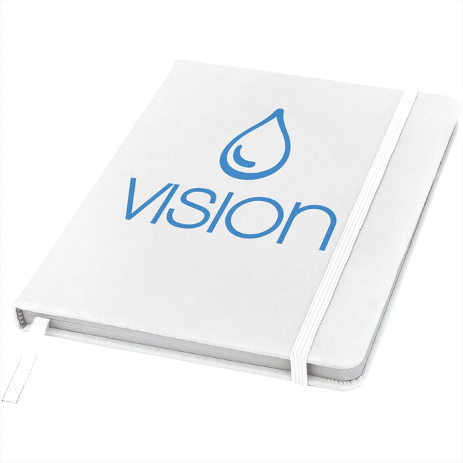 A white A5 hard cover notebook with a logo, featuring an elastic closure and a ribbon marker.