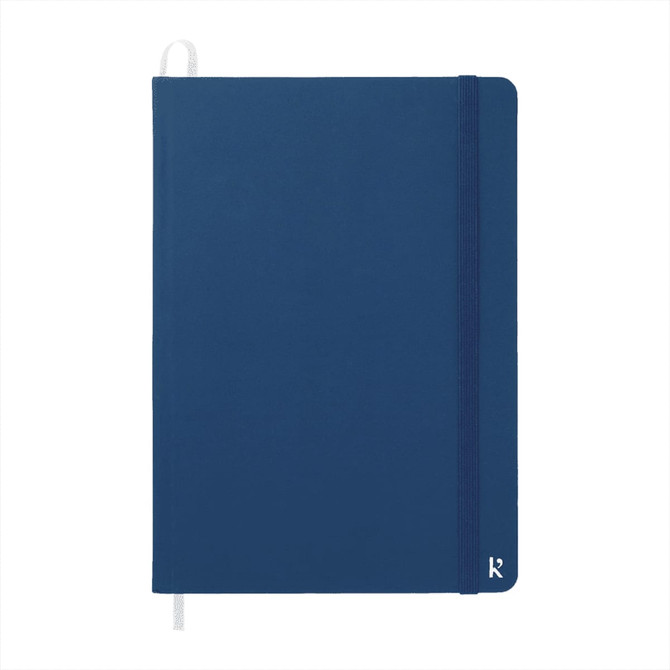 A navy hardcover notebook with a white ribbon bookmark and an elastic band, featuring a logo on the cover.