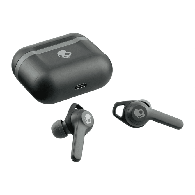 True wireless earbuds in black with a matching charging case, featuring a logo on the case.