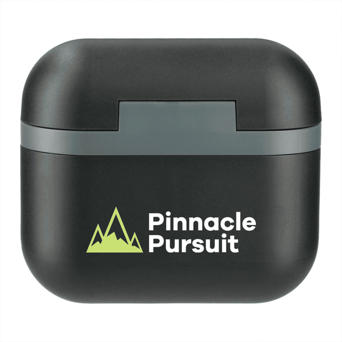 A black charging case for true wireless earbuds with a grey band and a logo featuring mountains.
