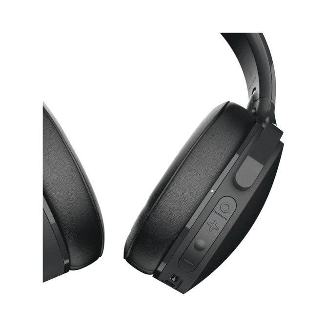 A pair of black wireless headphones featuring controls and a logo, showcasing a sleek design.
