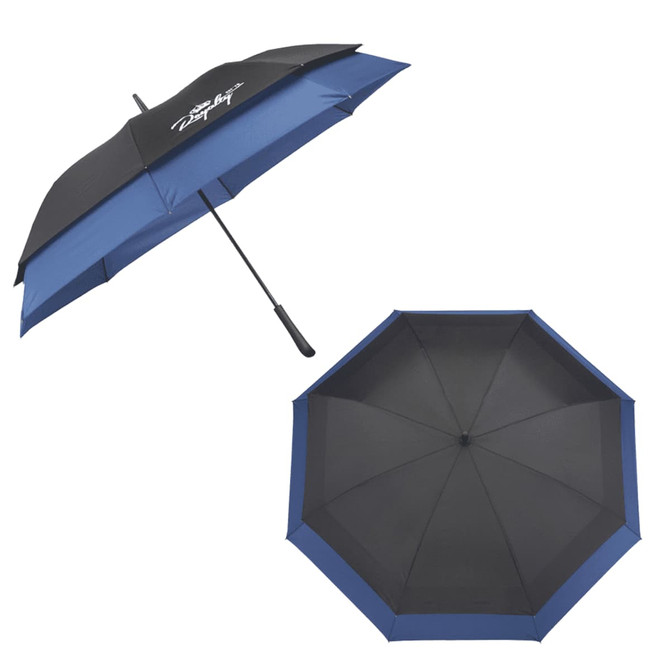 An expanding auto-open umbrella in black and blue, featuring a logo on the canopy.