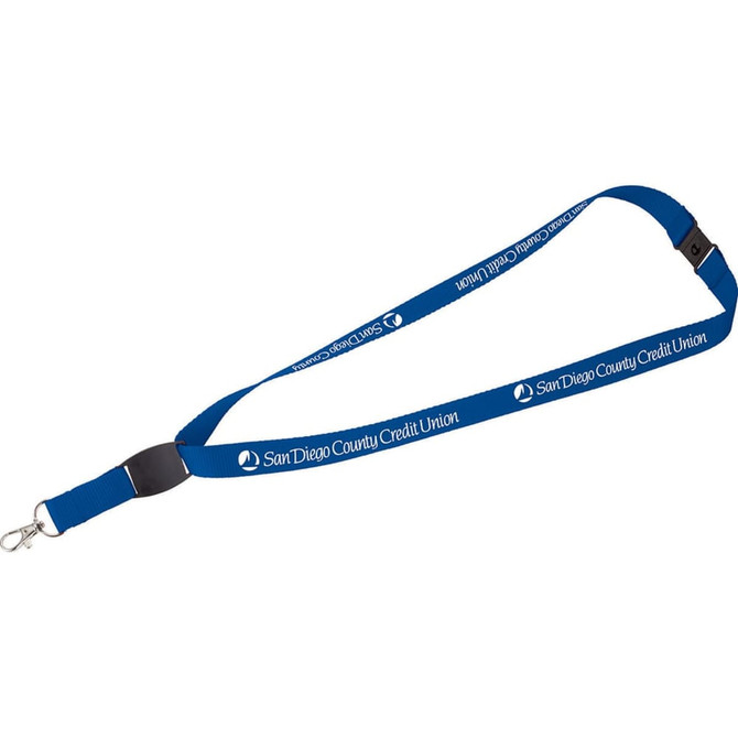 A blue lanyard with a flat panel, featuring a clip and a logo. Suitable for exhibitions and events.