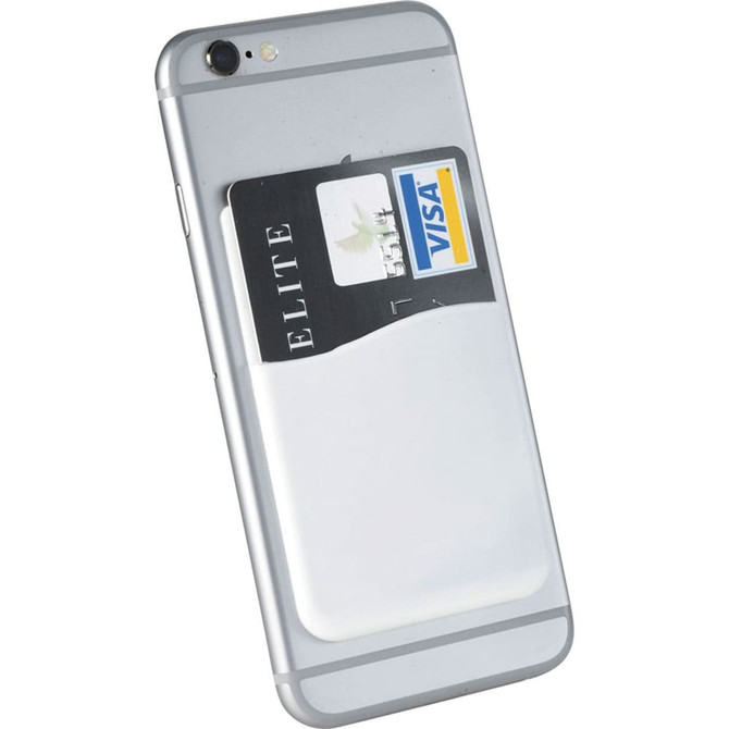 A slim white silicone card wallet attached to a silver smartphone, holding a card. The wallet features a logo.