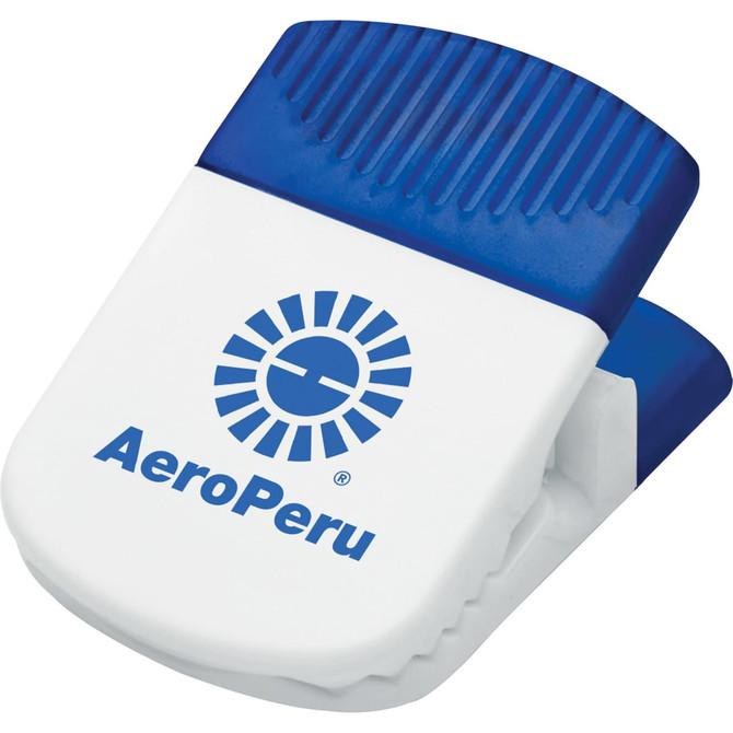 A Jumbo Magnetic Memo Holder in blue and white with a logo, featuring a strong clip mechanism.