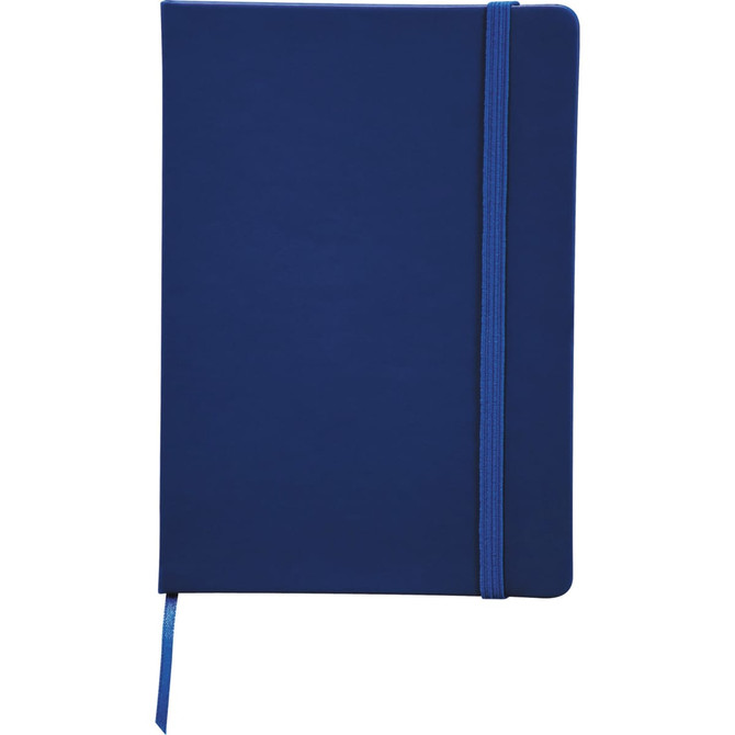A navy blue notebook with a snap elastic closure and a matching ribbon bookmark. It has a logo on the cover.
