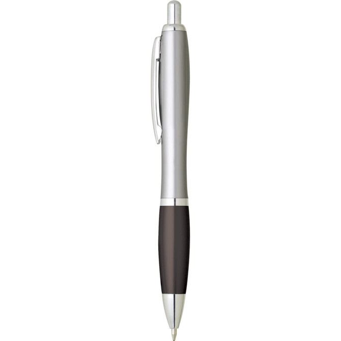 A silver and black plastic pen with a sleek design and a clip, featuring a branding logo.