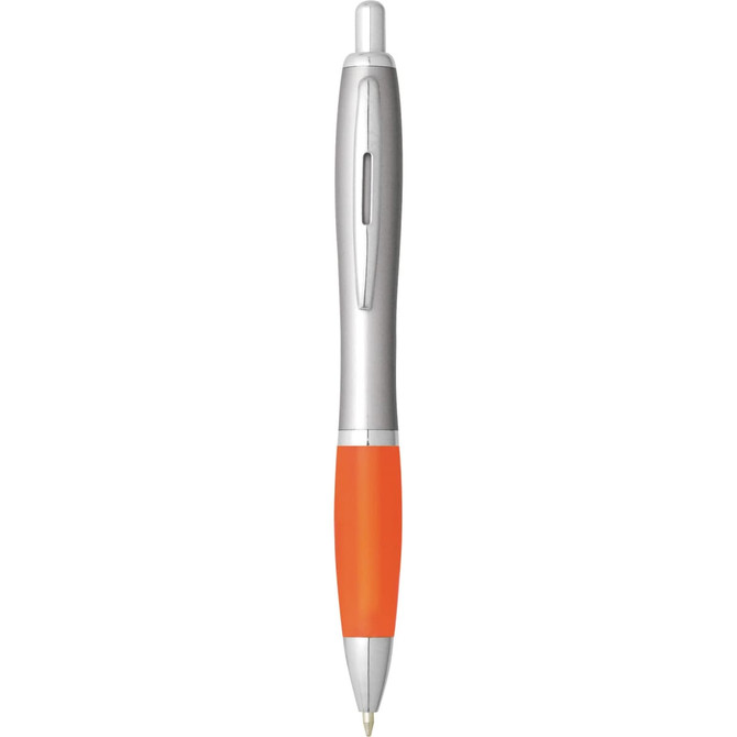 A plastic pen with a silver clip and orange grip, featuring a logo on the side.