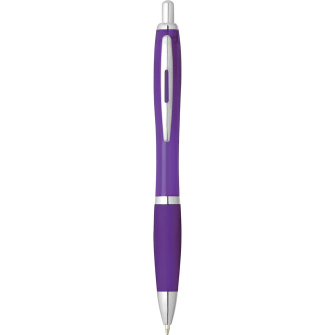 A purple plastic pen with a silver clip and tip, featuring a comfortable grip and a sleek design.
