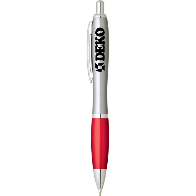 A plastic pen with a silver barrel and a red grip, featuring a logo on the side.