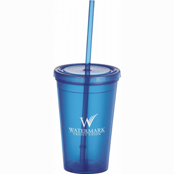 A drink bottle featuring a blue plastic tumbler with a straw and a logo on the front.