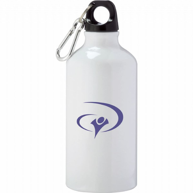A drink bottle in white aluminium featuring a black top and a logo, with a silver carabiner attached.