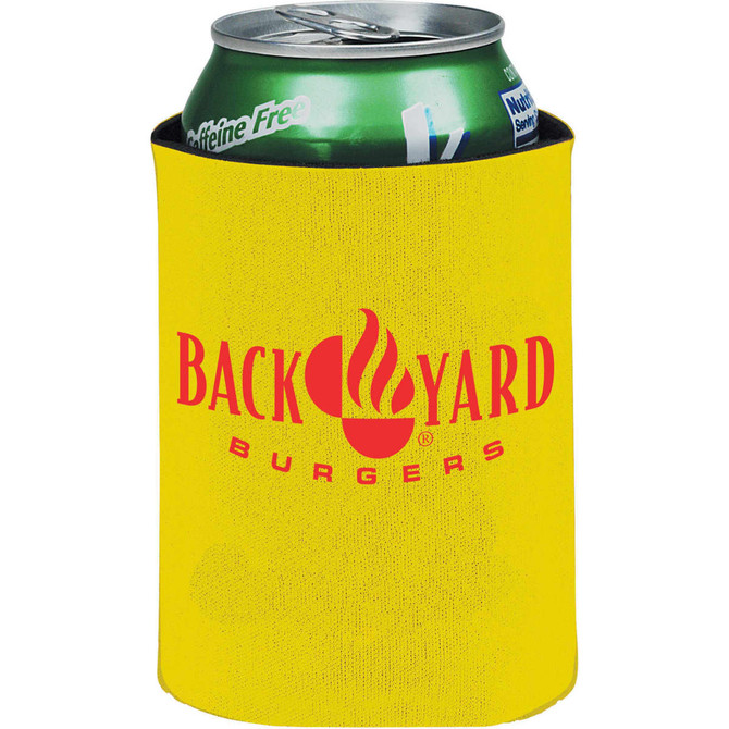 A drink can insulator in bright yellow, featuring a logo and designed for 350ml cans.