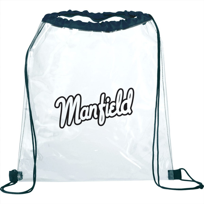 A clear drawstring sportspack in transparent plastic with black accents and a logo in the centre.