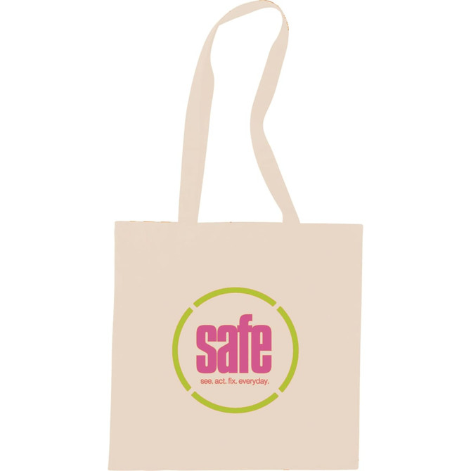 A beige cotton tote bag featuring a round logo in pink and green. It has two shoulder straps.
