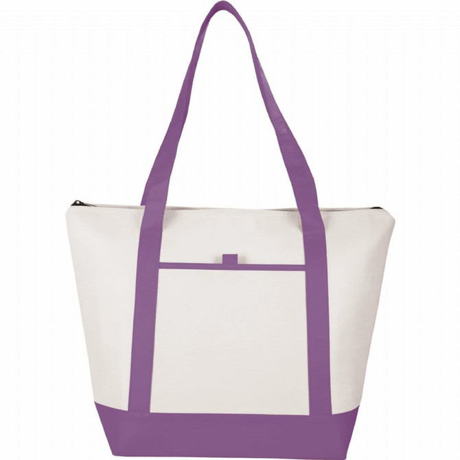 A tote cooler bag featuring a white body with purple straps and a purple bottom. It has a front pocket and a zipper closure.