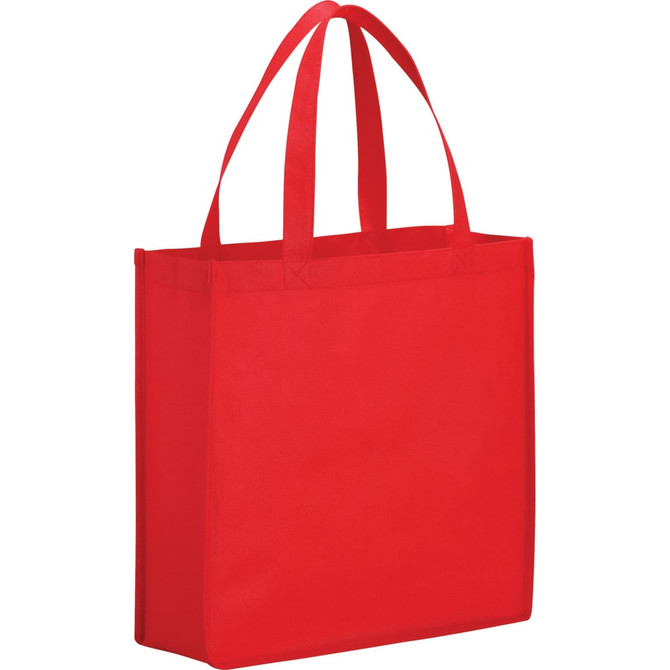 A red non-woven tote bag with two sturdy handles and a logo. Ideal for shopping or carrying items.
