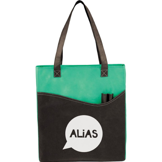 A green and black non-woven tote bag with a pocket and a logo. Features sturdy handles for carrying.
