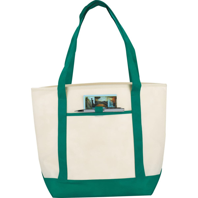 A cream tote bag with green handles featuring an interior pocket and a logo on the front.